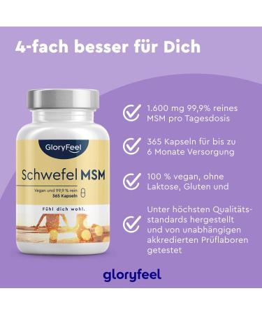 Buy 365 Vegan MSM Capsules - 1600mg Methylsulfonylmethane - 99% Pure MSM Powder - High-Dose No Additives - Laboratory Tested - International Shipping - Buy Online on GoSupps.com