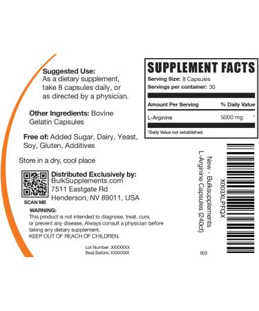 BulkSupplements.com L-Arginine 5000mg Capsules - Arginine Supplement Nitric Oxide Supplement L-Arginine Capsules - Gluten Free 8 Capsules per Serving 240 Capsules (Pack of 1) - Buy Online on GoSupps.com