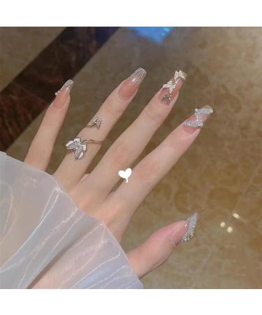 French Tip Press on Nails - Long Ballet shape Press On Nails with Nail Tips Sparkling silver ribbon butterfly relief Glitter Design Glossy pink press on nails Acrylic False Nails Cute Artificial Nails - Buy Online on GoSupps.com