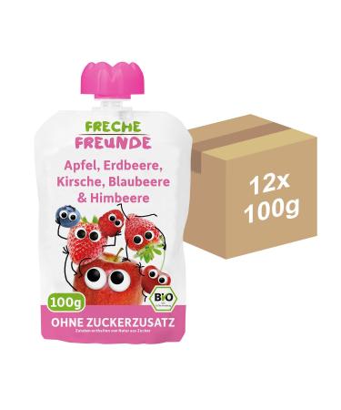 Cheeky friends Bio Quetschie apple strawberry cherry blueberry & raspberry fruit muse in a squeeze bag for children and babies from 6 months gluten -free & vegan 2x 6 -pack (12 x 100g) apple strawberry cherry blueberry & raspberry 12 pieces.