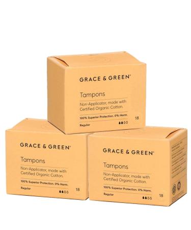 Grace & Green - Organic Tampons - Non-Applicator - Size: Regular - Made with Organic Cotton - 100% Free from Plastic - 54x Regular Tampons Regular 54 Tampons