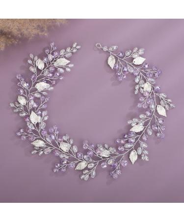Teyglen Bridal Wedding Hair Vine Headband Silver Crystal Leaf Hair Pieces Handmade Blue Red Green Rhinestone Headpiece Hair Accessories for Women Bride Girls (Light Purple)