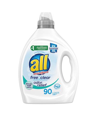 all Laundry Detergent Liquid, Free Clear for Sensitive Skin, Odor Relief, Unscented and Hypoallergenic, 2X Concentrated, 90 Loads Unscented 80.1 Fl Oz (Pack of 1)