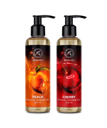 Sensual massage oil set 2x200ml - peach & cherry - body oil with almond oil grape core oil and macadamia oil - edible - of course - kissable massage oil - massage oil for couples