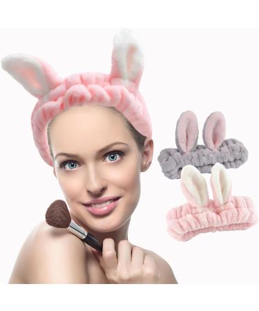 KEYRI 2 Pieces Face Wash Headband Spa Headbands Elastic Hair Band Bunny Ears Hair Bands Makeup Headbands Coral Fleece Headband Cute Wash Hair Band Bath Shower Head Wraps for Women Girls (Pink+Grey) - Buy Online on GoSupps.com