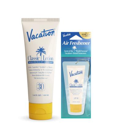 Vacation Classic Lotion SPF 30 Sunscreen with Included Air Freshener - Water Resistant Broad Spectrum Sunscreen Sun Block - Vegan Sun Tanning Lotion - Body Lotion with SPF - Travel Size - Body Lotion with SPF - Travel Si...