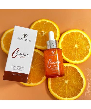 Peauamie Vitamin C Serum with Hyaluronic Acid, Retinol, and Ferulic Acid - 1 fl oz for Dark Spots, Fine Lines, and Wrinkles - Buy Online on GoSupps.com