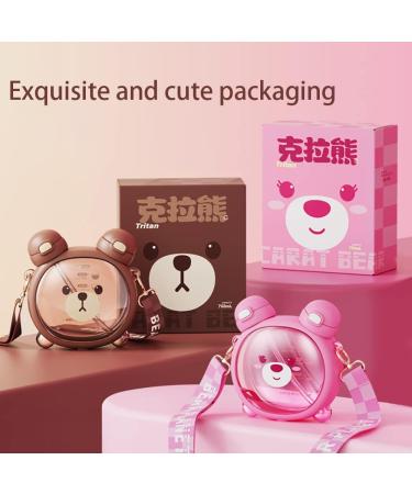 Hrtesus Bear Pink Kawaii Water Bottle with Straw and Adjustable Strap - Buy Online on GoSupps.com