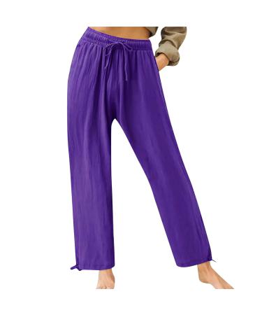 Linen pants Women wide leg 7/8 pants high waist capri pants with bags cotton linen leisure pants elastic waist palazzo pants stretch chino pants single -colored harem pants light outdoor pants lila