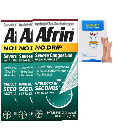 3 Afrin ' 20ml Each - No Drip Severe Congestion 12 Hour Nasal Spray - Fast-Acting Relief for Blocked Nasal Passages - Bonus: 10pcs Nasal Strips