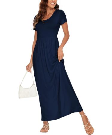 YUNDAI Women's Short Sleeve Maxi Maternity Dress with Pocket | Floral Loose Summer Dress | Plus Size XXL | Navy Blue - Buy Online on GoSupps.com