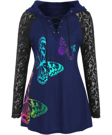 Bigfanshu Women's Long Sleeve Butterfly Printed Hoodie Tops Lace Blouse Female Clothes Colorful Plus Size Pullovers Blue - Buy Online on GoSupps.com