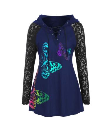 Bigfanshu Women's Long Sleeve Butterfly Printed Hoodie Tops Lace Blouse Female Clothes Colorful Plus Size Pullovers Blue