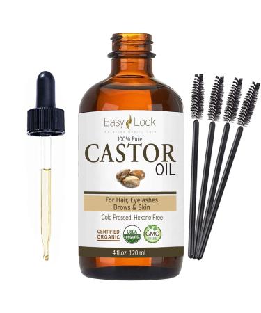 EASY LOOK Castor Oil 4oz  USDA Certified Organic 100% Pure  Stimulate Growth for Eyelashes  Eyebrows  Hair. Skin Moisturizer & Hair Treatment Starter Kit