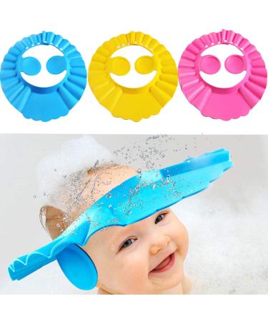 Baby Shower Cap Bathing Cap - 3 Pcs Soft Adjustable Visor Hat Safe Shampoo Shower Bathing Protection Bath Cap for Toddler, Baby, Kids, Children (Bule+Yellow+Pink)