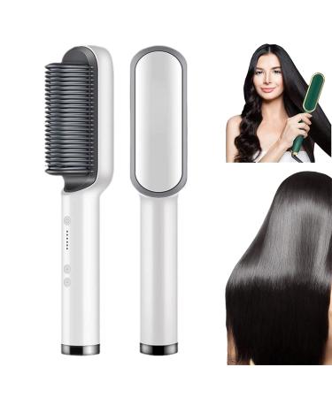 Negative Ion Hair Straightener Styling Comb 2 in 1 Hair Straightener Brush and Curler Portable Electric Straightening Comb Heated Hair Brush with 5 Temp (White)