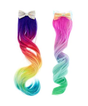 Curly Colored Hair Extensions for Kids Rainbow Ombre Ponytail Extension Fake Hair Barrettes Party Hair Accessories 2 Pack 2 Pack-2