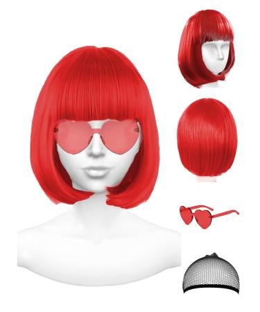 PLANTURECO Red Wig and Party Sunglasses Red Wig for Women Red Wig with Bangs Red Bob Wig and Short Red Wig Bright Red Wig with Neon Glasses Red Wig for Women