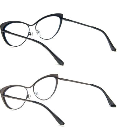 Kokobin Cat Eyes Reading Glasses - 2 Pack Metal Frame Anti-Blue Light Spring Hinge - Stylish Reading Glasses for Men & Women (Black & Gray) - 2 Diopters - Buy Online on GoSupps.com