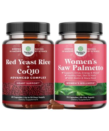 Bundle of Red Yeast Rice with CoQ10 Supplement - Advanced Healthy Heart & Cholesterol Levels and Saw Palmetto for Women 500mg - DHT Blocker - Hair Vitamins for Hair Loss with Maca Root & Biotin