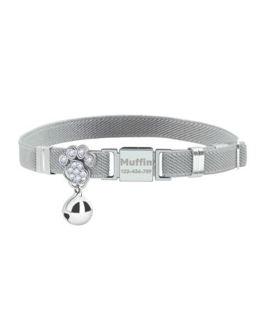 Personalized Elastic Cat Collar with Name and Phone Number Engraved Cat Collar with Bell -Gray