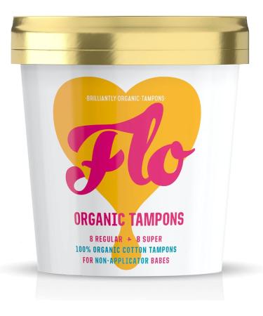 FLO Organic Non-Applicator Highly Absorbent Organic Tampons - Made from 100% Organic Cotton - Biodegradable - 8 Regular 8 Super Combo - 16 Mix Pack 16 Count (Pack of 1)