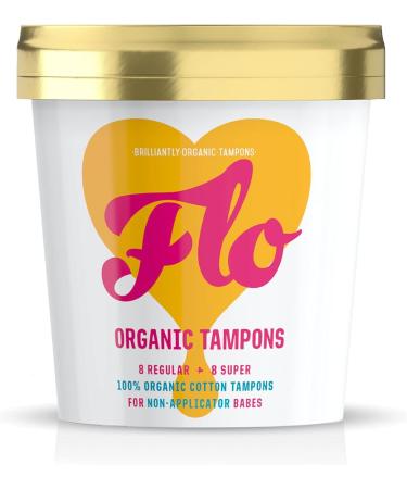 FLO Organic Non-Applicator Highly Absorbent Organic Tampons - Made from 100% Organic Cotton - Biodegradable - 8 Regular 8 Super Combo - 16 Mix Pack 16 Count (Pack of 1) - Buy Online on GoSupps.com