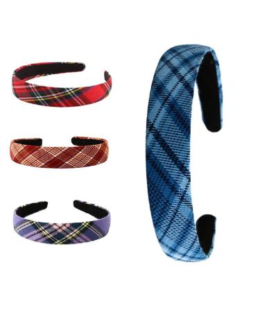 4 Pcs Plaid Headband For Women 1.1 inch Printed Stripe Hair Bands for Girls Fabric Ribbon Hard Head Piece Satin Wrapped Hairband