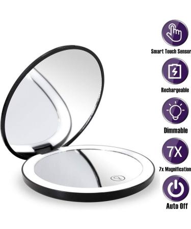Portable Lighted LED Makeup Mirror 7X/1X Magnification | USB Rechargeable Compact Vanity Mirror with Dimmable Lights - Black - Buy Online on GoSupps.com