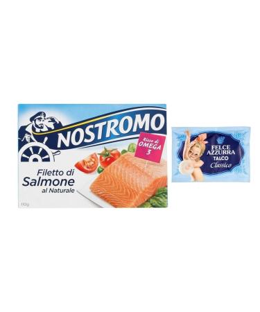 Nostromo Filetti di Salmone al Naturale Lot de 10 filets de saumon naturels 110 g + 1 paquet de talc Felce Azzurra gratuit sachet de 100 g