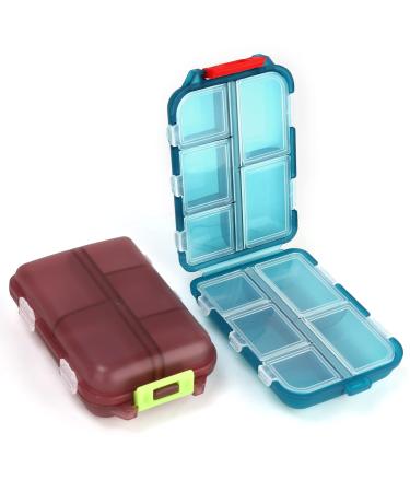 2PCS Travel Pill Box, Cute Pill Organizer, Small Pill Case, Portable Medicine Organizer for Purse, with 10 Compartments for Different Medicines Dark Red Blue Travel Pill Case