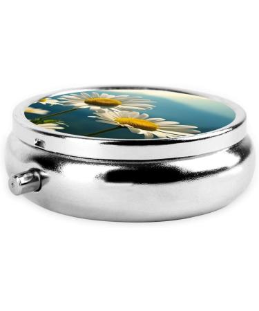 Portable Metal Pill Box with Daisies - Round Mini 3-Compartment Design | Ideal for Travel & Small Pills | Hinged Fastening in Black - Buy Online on GoSupps.com