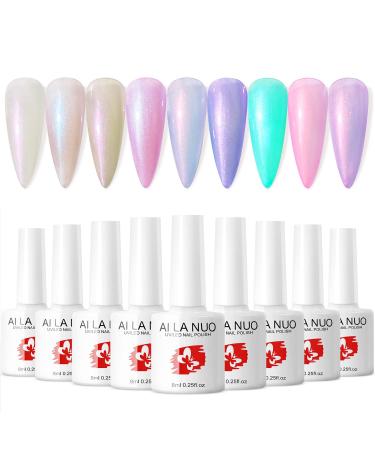 9 Pcs White Mermaid Polarized Glitter Gel Nail Polish Set Purple Gary Blue Shimmer Gel Polish Kit Pearl Holographic Shell Nail Polish Set Nail Art Varnish Manicure Gifts Holographic Mermaid Glitter