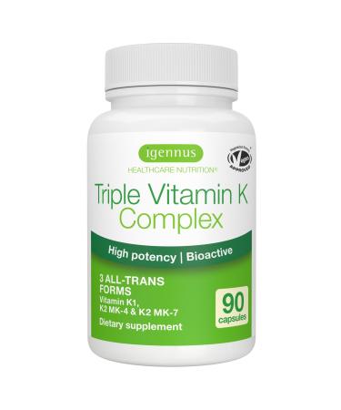 Igennus High Strength Triple Vitamin K Complex 2700 mcg K1 & K2 (MK-4 & MK-7) 1-a-Day Clean Label Advanced Bioactive Forms Bone & Cardiovascular Support Vegan 90 Fast Action Capsules