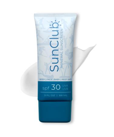 SunClub Natural Mineral Sunscreen with Zinc Clear Sunblock SPF 30 Water Resistant Chemical-Free Broad Spectrum UVA/UVB Baby Safe Reef Safe Face and Body Safe Made in USA 3 oz.