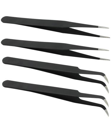Com -Four 4 -part tweezers set - all -purpose tweezers for house and hobby - straight and curved pointed tongs - cosmetic tweezers made of rust -free stainless steel (4 pieces - tweezers)