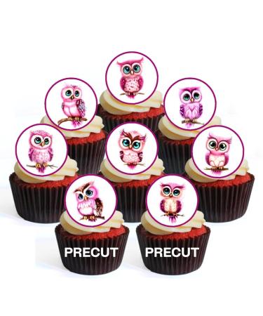 PRECUT Pink Owls Edible Cupcake Toppers - Cute Owl Theme Premium Thickness SWEETENED VANILLA - wafer card disc cake decorations (Pack of 24)
