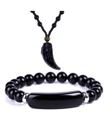 Soulnioi Black Onyx Crystal Bridge Beaded Bracelet and Vintage Obsidian Wolf Tooth Pendant Necklace Obsidian Set 3