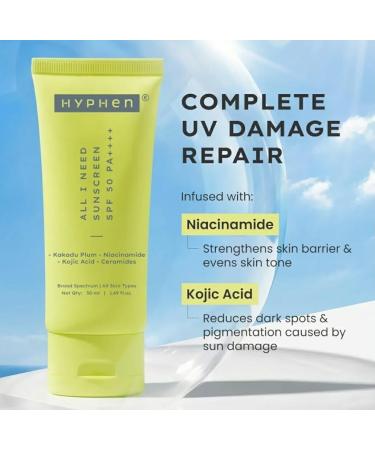 Hyphen All I Need Sunscreen SPF 50 PA++++ Kakadu Plum Niacinamide Kojic Acid Ceramides Broad Spectrum All Skin Types 30ml - Buy Online on GoSupps.com
