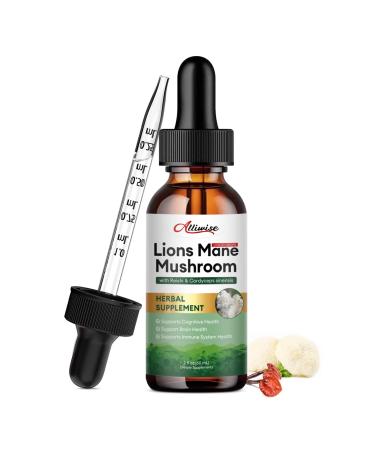 Alliwise Lions Mane Mushroom Drops Liquid Mushroom Supplement with Reishi & Cordyceps Sinensis for Promotes Mental Clarity Focus and Memory Immune Support Non-GMO Vegan 1 Month Supply