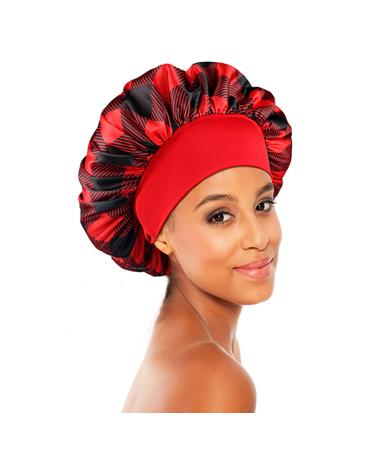 Women Satin Bonnet Cap Night Sleep Hair Protect Head Cover Wide Band Adjust Hats  Wide Band Satin Bonnet Cap Comfortable Night Sleep(Red)