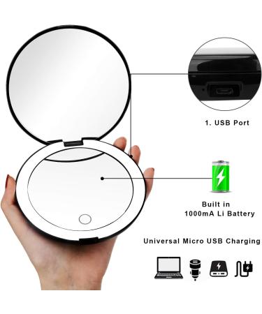 Deweisn Compact Rechargeable Lighted Makeup Mirror - 1X/10X Magnifying, Foldable, Double-Sided - Ideal for Travel, Purse, Handbags - Black - Buy Online on GoSupps.com
