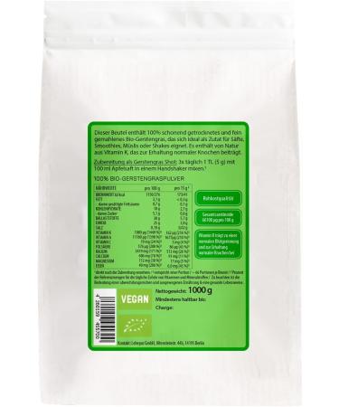 Leepur Organic Barley Grass Powder 1kg - Raw Vegan Gluten-Free Lactose-Free German Cultivation High-Quality Superfood - Buy Online on GoSupps.com