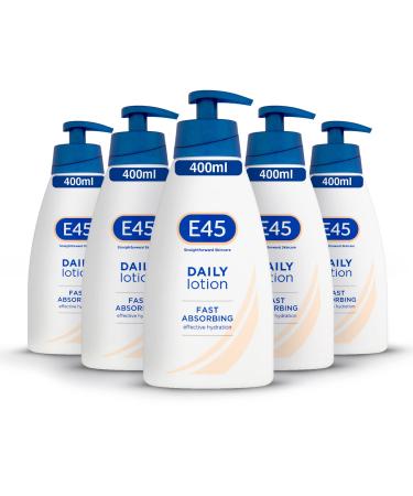 E45 Daily Skin Lotion 400 ml x5 Pack E45 Lotion for Very Dry Skin Sooth Dryness Smooth Rough Skin Non-Greasy Lightweight Moisturiser - Perfume-Free Body Face Hand Cream - Dermatologically Tested 400 ml (Pack of 5)