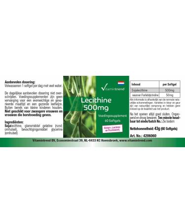 Lecithin 500 mg - 60 Softgels | Standardized 10% Phosphatidylcholine | Safe Dosage | Buy Online at Vitamintrend - International Shipping Available - Buy Online on GoSupps.com