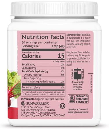 Beet Root Powder Increase Stamina Blood Flow Circulation Natural Nitric Oxide Non-GMO Keto Vegan Superfood for Smoothies Acai Pudding Baking 360g sq tub (90 SRV) Organic Harvest by Sunwarrior - Buy Online on GoSupps.com