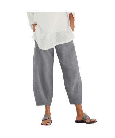 Linen Palazzo Pants for Women,Women's Casual Summer Capri Pants Cotton Linen Print Wide Leg Ankle Pants with Pockets W08-grey X-Large