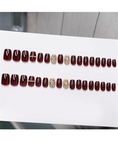 New Year Red Glitter Fake Nail Square Short Press on Nails Tips Nail Art Decoration for Women and Girls Manicure 24pc