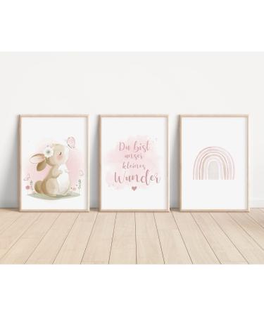 Meinbaby123 A4 Poster Set for Children's Room | Rainbow Murals & Sayings | Premium Wall Decor for Baby & Girls | 3 Decorative Posters (Hase) - Buy Online on GoSupps.com