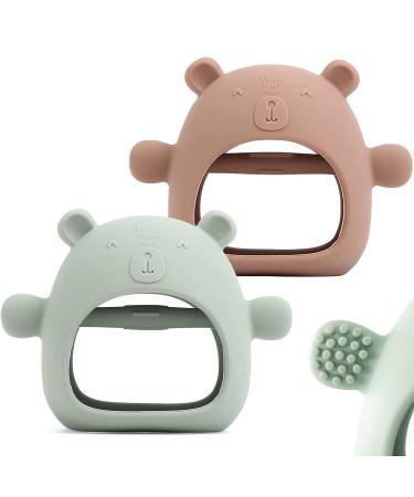 2 Packs Baby Teething Toy Silicone Bear Teething Mitten for Babies Over 3 Months Anti Dropping Wrist Hand Teethers Baby Chew Toys for Sucking Needs BPA Free Mint & Brown